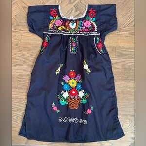 Puebla Traditional Mexican Embroidered Dress | Navy | Girls Size 8 | EUC